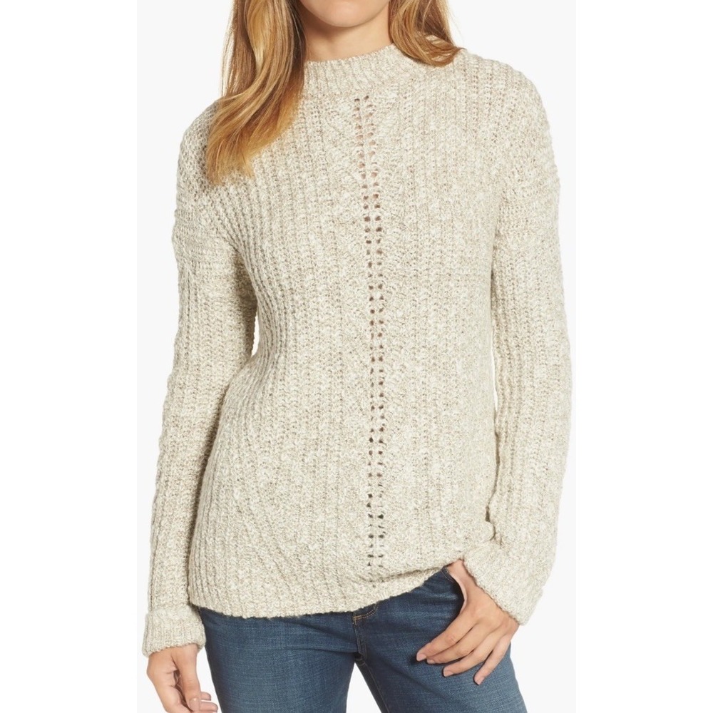 Lucky Brand Womens Open‎ Stitch Tunic Length  Sweater Side Slits Marled Beige S